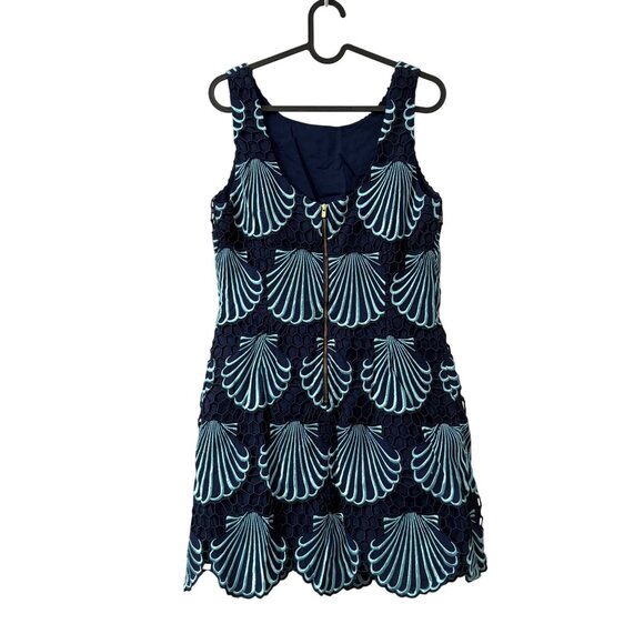 Lilly Pulitzer Delia Navy Aqua Seashell Embroidered Scallop Hem Sheath Dress 8 - Picture 6 of 6